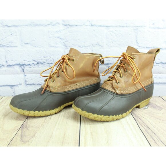 LL Bean Brown Leather Lace Up Round Toe Unlined Ankle Duck Boots Size 7 M - Picture 3 of 10